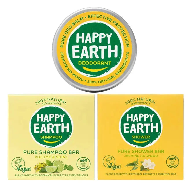 Duurzaam verzorgingspakket: deo, shampoo bar en shower bar Jasmine Ho Wood Happy Earth