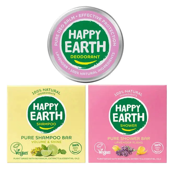 Duurzaam verzorgingspakket: deo, shampoo bar en shower bar Lavender Ylang Happy Earth