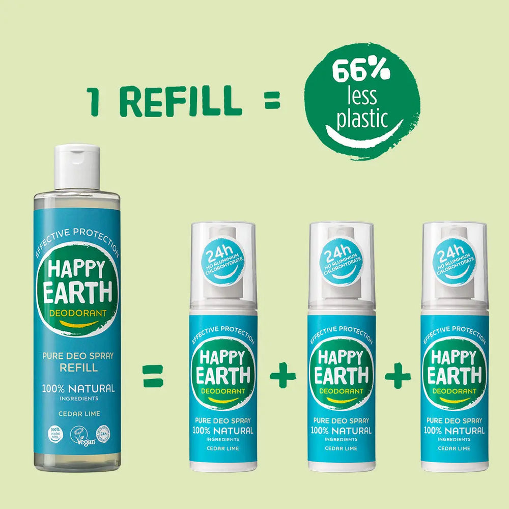 
                  
                    Happy Earth Deodorant Spray Refill Cedar Lime. 1 refill = 3 deo 
                  
                