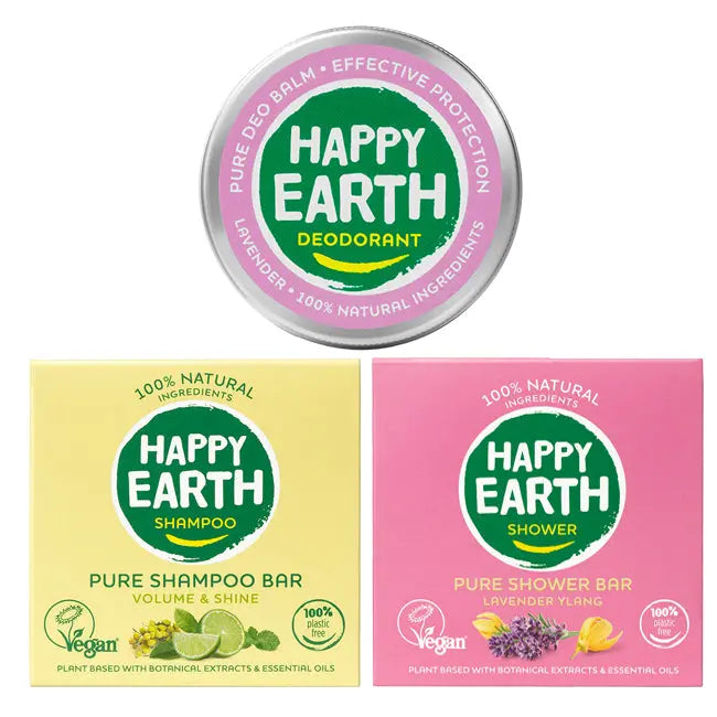 Plasticvrij pakket: deo, shampoo bar en shower bar Lavender Ylang Happy Earth
